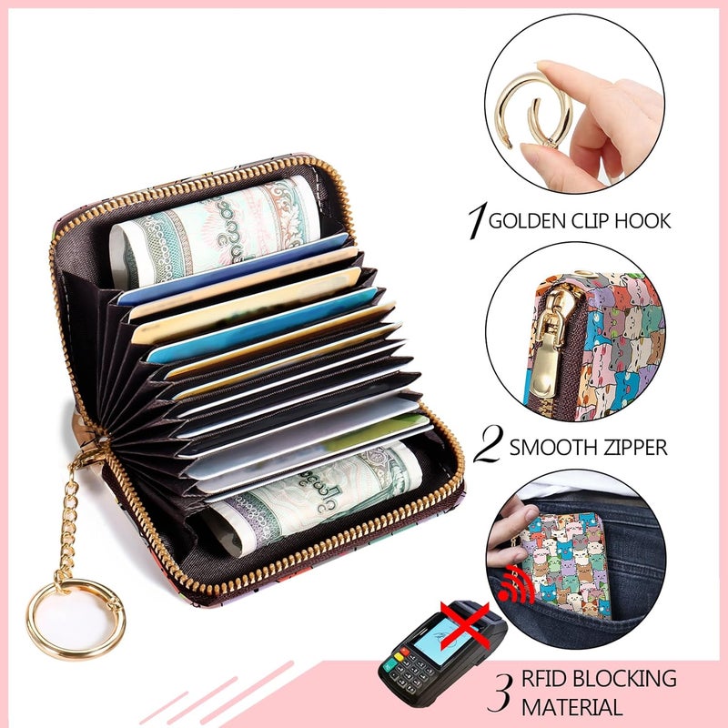 Blusabaca RFID Credit Card Holder Wallets for Women, Small Cat Card Case Wallet with Removable Keychain and Zipper, Leather Card Holder Pocket Business Card Accordion Wallet - Image 5
